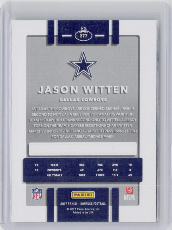2017 Donruss Jason Witten Press Proof Gold SN50 #277 Cowboys - Image 3