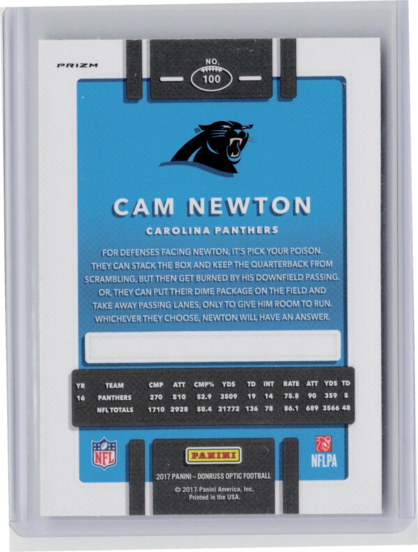 2017 Donruss Optic Cam Newton Holo #100 Panthers - Image 3