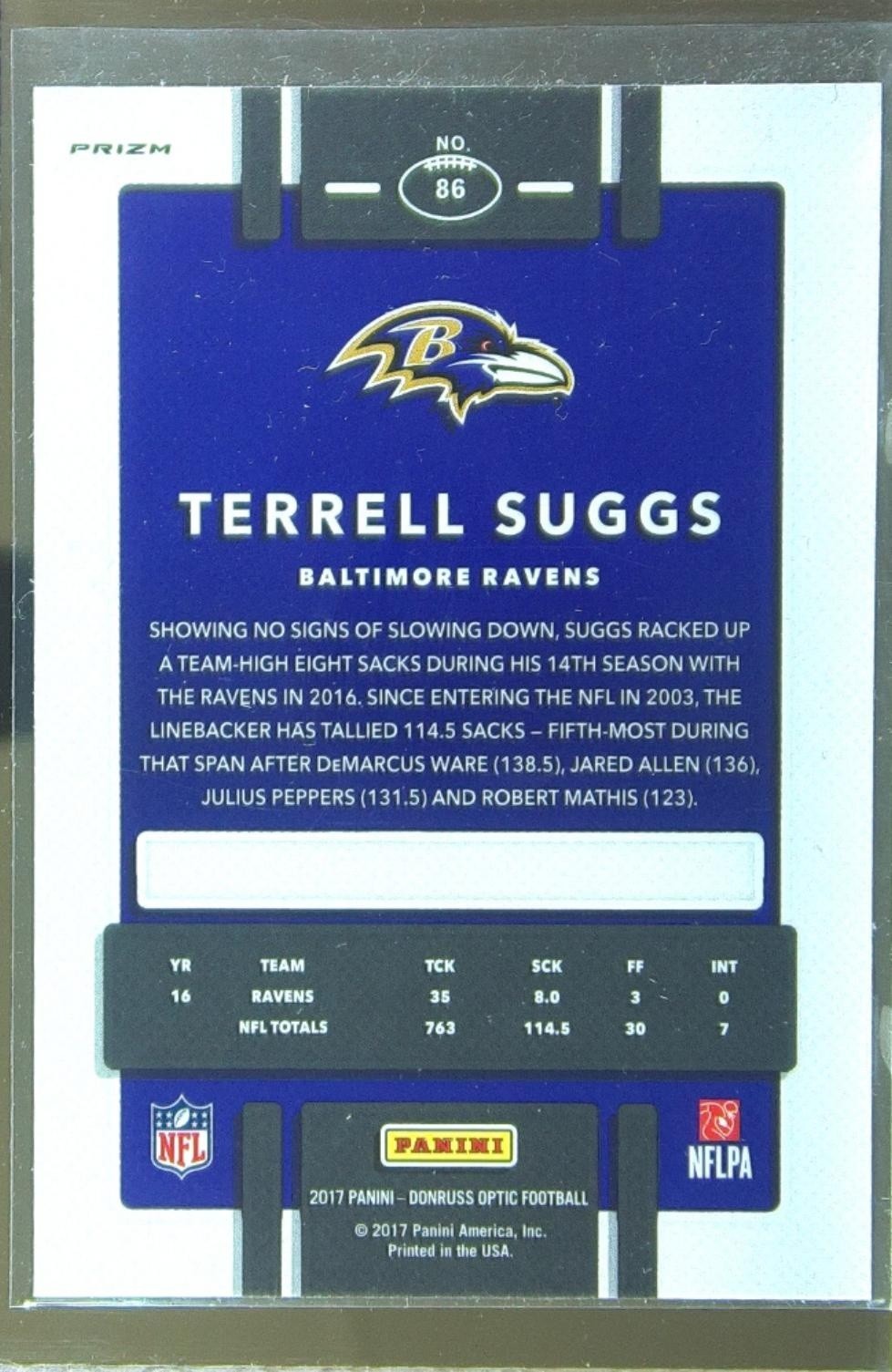 2017 Donruss Optic Terrell Suggs Holo #86 Ravens - Image 3