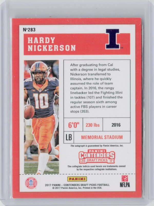 2017 Panini Contenders Draft Picks Hardy Nickerson, Jr. AU #283 Illini - Image 3