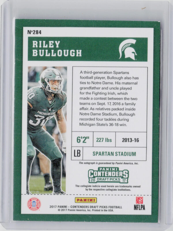 2017 Panini Contenders Draft Picks Riley Bullough #284 Spartans - Image 3