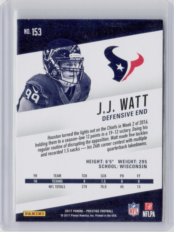 2017 Panini Prestige J.J. Watt Xtra Points Purple SN100 #153 Texans - Image 3