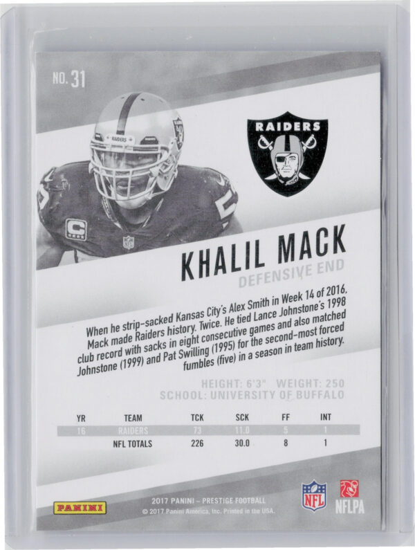2017 Panini Prestige Khalil Mack Xtra Points Gold SN50 #31 Raiders - Image 3
