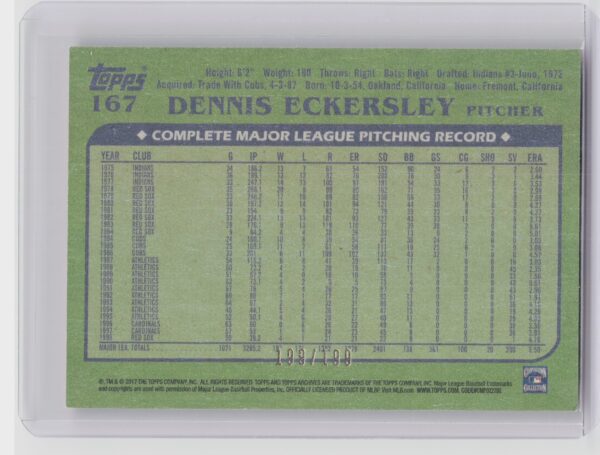 2017 Topps Archives Dennis Eckersley Peach SN199 #167 Athletics - Image 3