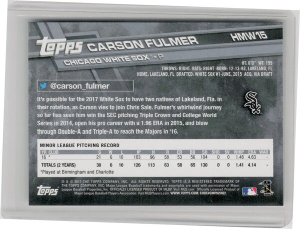 2017 Topps Holiday Carson Fulmer RC #HMW15 Sox - Image 3