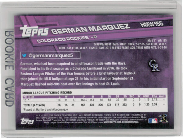 2017 Topps Holiday German Marquez RC #HMW155 Rockies - Image 3