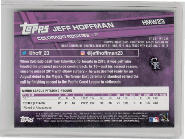 2017 Topps Holiday Jeff Hoffman RC #HMW23 Rockies - Image 3