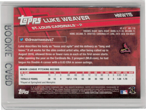 2017 Topps Holiday Luke Weaver RC #HMW115 Cardinals - Image 3