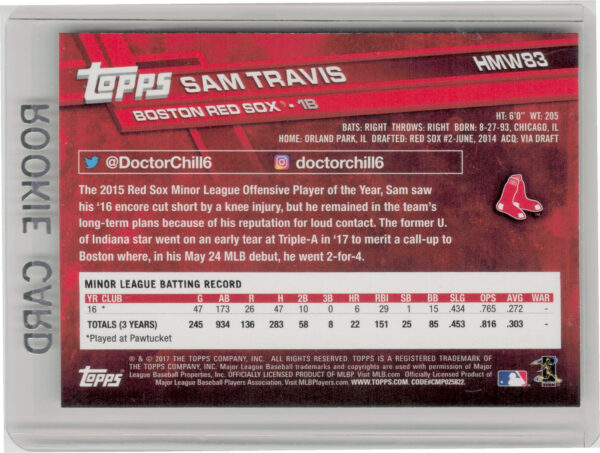 2017 Topps Holiday Sam Travis RC #HMW83 Sox - Image 3