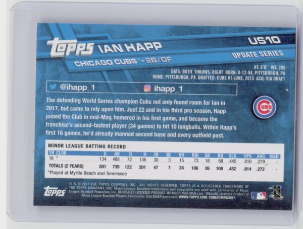 2017 Topps Update Ian Happ RC #US10 Cubs - Image 3