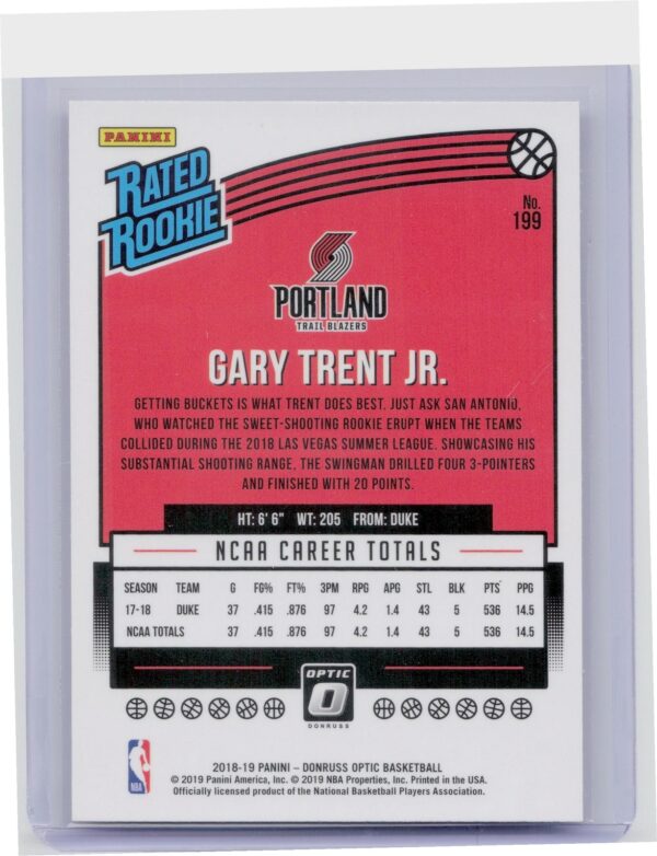 2018-19 Donruss Optic Gary Trent Jr. RC #199 Blazers - Image 3