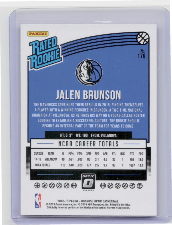 2018-19 Donruss Optic Jalen Brunson RC #179 Mavericks - Image 3