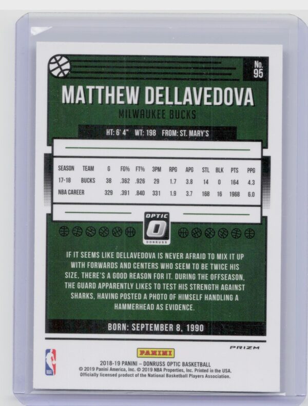 2018-19 Donruss Optic Matthew Dellavedova Holo #95 Bucks - Image 3