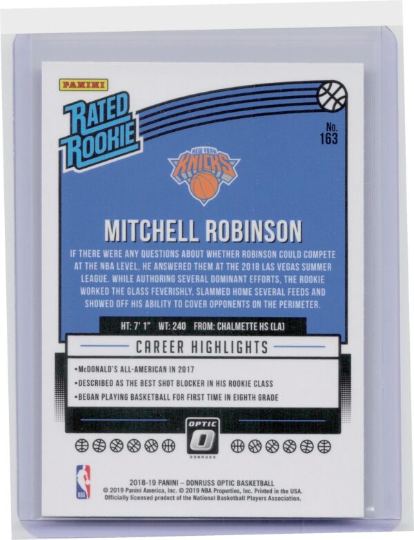 2018-19 Donruss Optic Mitchell Robinson RC #163 Knicks - Image 3