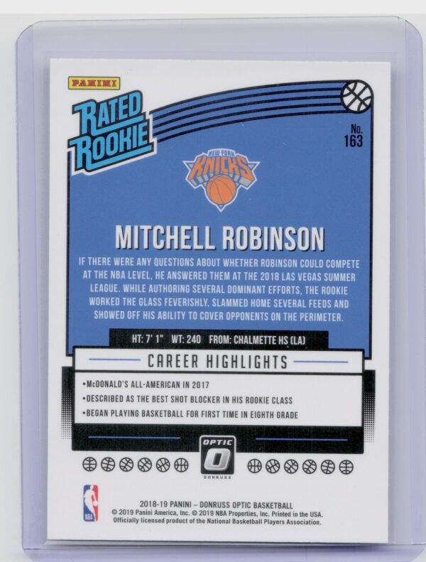 2018-19 Donruss Optic Mitchell Robinson RC #163 Knicks - Image 3