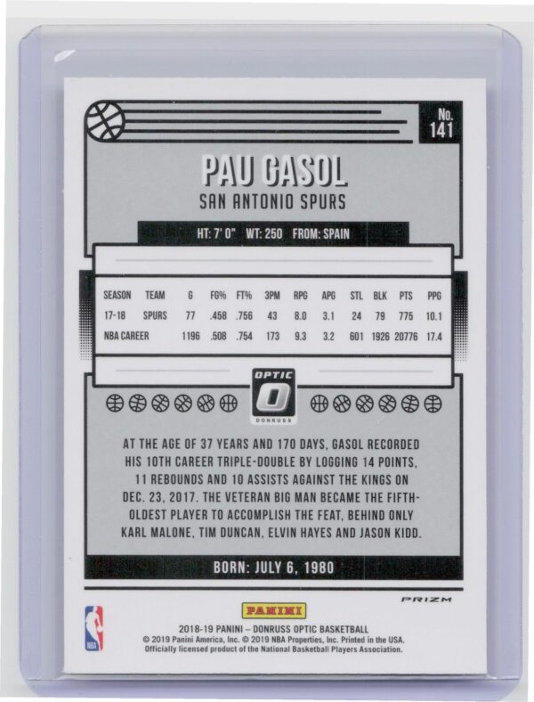 2018-19 Donruss Optic Pau Gasol Holo #141 Spurs - Image 3