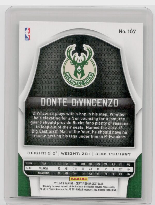 2018-19 Panini Certified Donte DiVincenzo RC #167 Bucks - Image 3