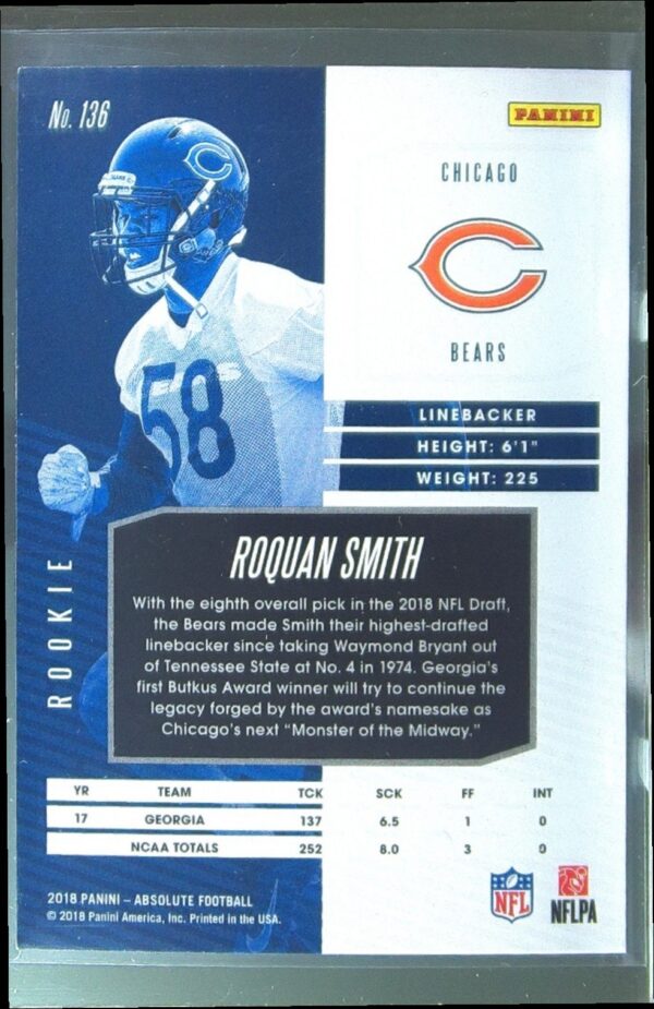 2018 Absolute Roquan Smith Spectrum Gold RC #136 Bears - Image 3