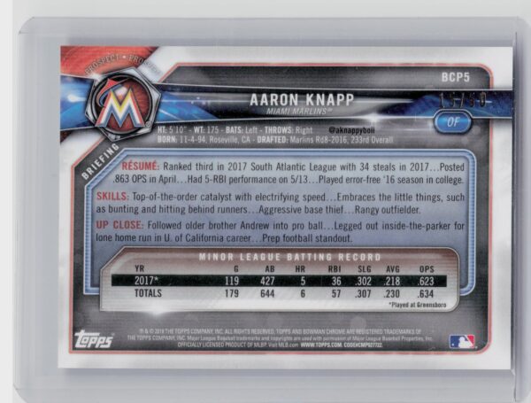 2018 Bowman Aaron Knapp /50 #BCP5 Marlins Chrome Prospects Mojo Refractor Gold - Image 3