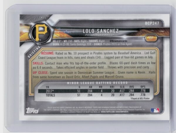 2018 Bowman Chrome LoLo Sanchez #BCP247 Pirates Prospects - Image 3