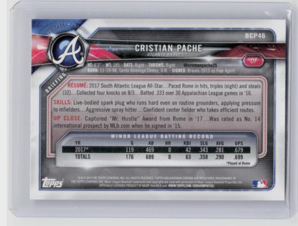 2018 Bowman Cristian Pache #BcP46 Braves - Image 3