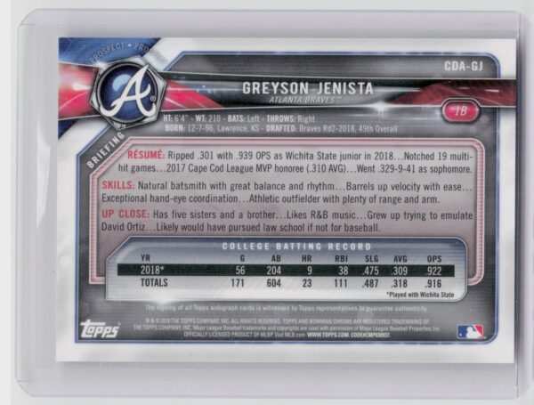2018 Bowman Draft Greyson Jenista AU #CDA-GJ Braves Chrome Draft Pick Autographs - Image 3