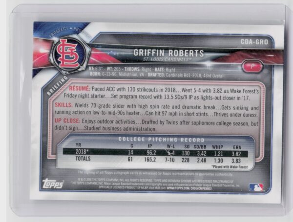 2018 Bowman Draft Griffin Roberts AU #CDA-GRO Cardinals Chrome Draft Pick Autogr - Image 3