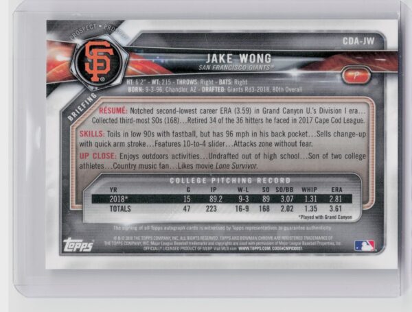 2018 Bowman Draft Jake Wong AU #CDA-JW Giants Chrome Draft Pick Autographs - Image 3