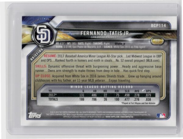 2018 Bowman Fernando Tatis Jr. #BCP114 Padres Chrome Prospects Mojo Refractor - Image 3