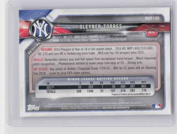 2018 Bowman Gleyber Torres #BCP100 Yankees Chrome Prospects - Image 3