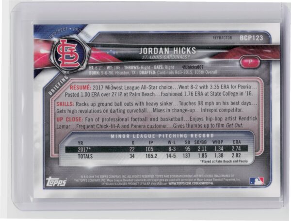 2018 Bowman Jordan Hicks SN499 #BCP123 Cardinals Chrome Prospects Refractor - Image 3