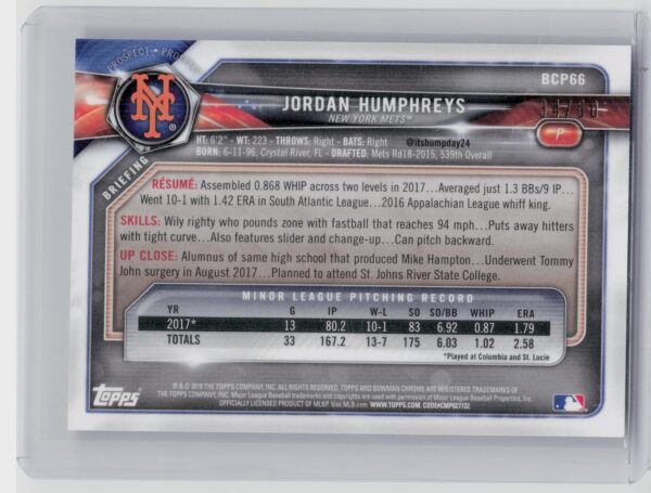 2018 Bowman Jordan Humphreys SN50 #BCP66 Mets Chrome Prospects Mojo Refractor Go - Image 3