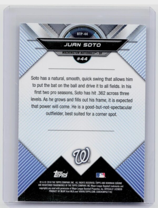 2018 Bowman Juan Soto #BTP-44 Nationals Bowman Chrome Scouts' Top 100 - Image 3