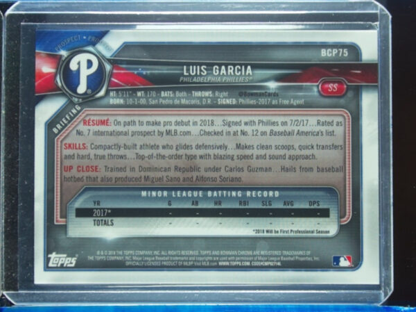 2018 Bowman Luis Garcia SN250 #BCP75 Phillies Chrome Prospects Purple Refractor - Image 3