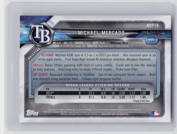 2018 Bowman Michael Mercado SN50 #BCP16 Rays Chrome Prospects Mojo Refractor Gol - Image 3