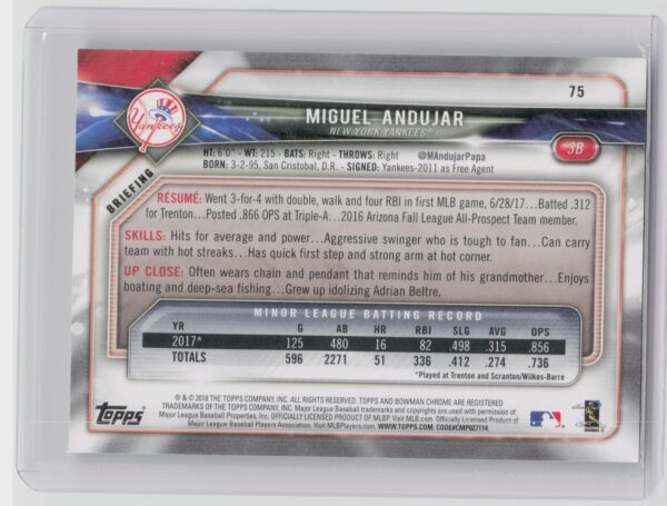 2018 Bowman Miguel Andujar Green /99 #75 Yankees - Image 3