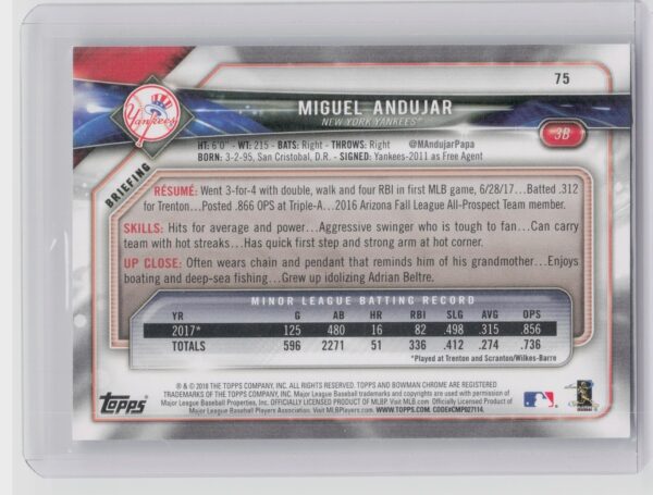 2018 Bowman Miguel Andujar Sky Blue /499 #75 Yankees - Image 3