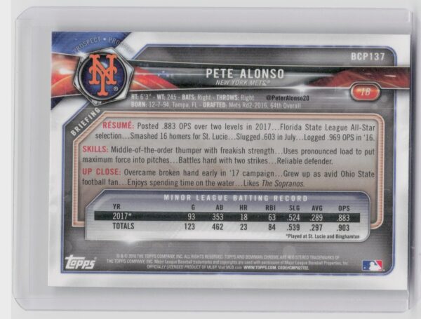 2018 Bowman Pete Alonso #BCP137 Mets Chrome Prospects Mojo Refractor - Image 3
