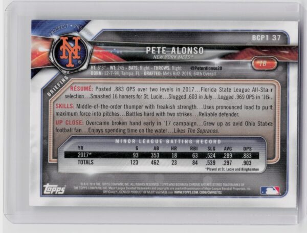 2018 Bowman Pete Alonso #BCP137 Mets Chrome Prospects Mojo Refractor - Image 3