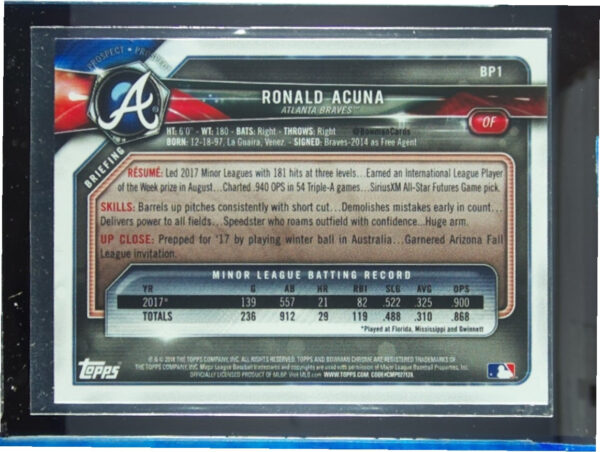 2018 Bowman Ronald Acuna #BP1 Braves Prospects - Image 3