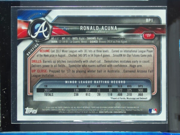 2018 Bowman Ronald Acuna #BP1 Braves Prospects - Image 3