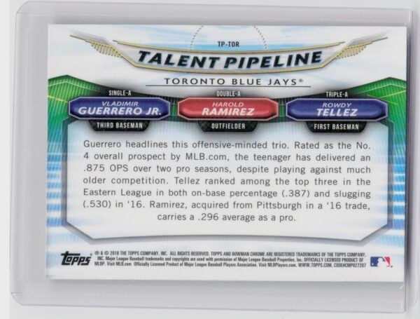 2018 Bowman Rowdy Tellez  / Vladimir Guerrero Jr.  / Harold Ramirez #TP-TOR Jays - Image 3