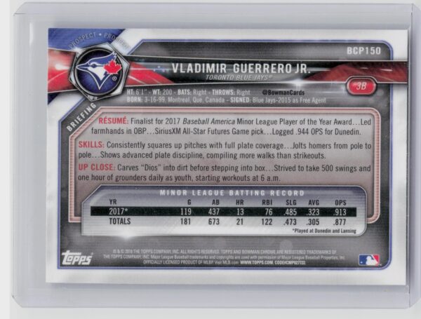2018 Bowman Vladimir Guerrero Jr. #BCP150 Jays Chrome Prospects Mojo Refractor - Image 3
