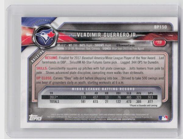 2018 Bowman Vladimir Guerrero Jr. #BP150 Jays Prospects - Image 3