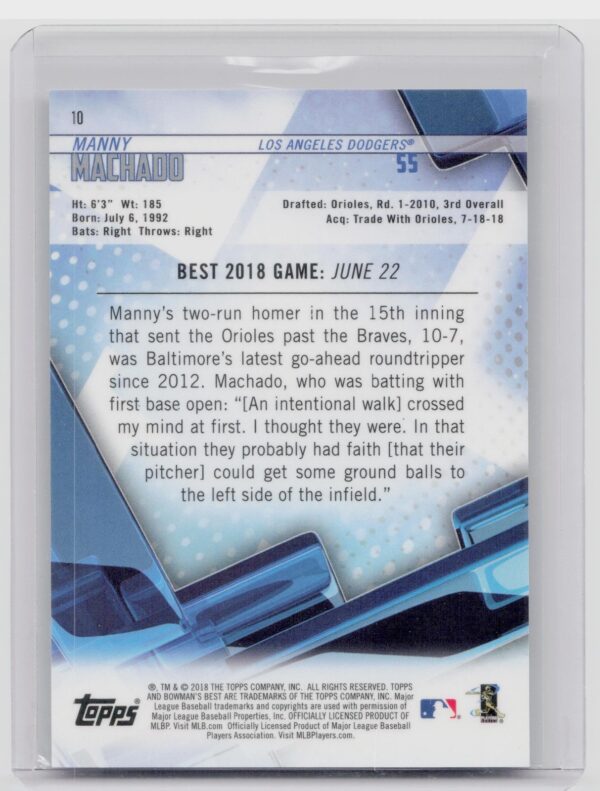 2018 Bowman's Best Manny Machado Atomic #10 Dodgers - Image 3