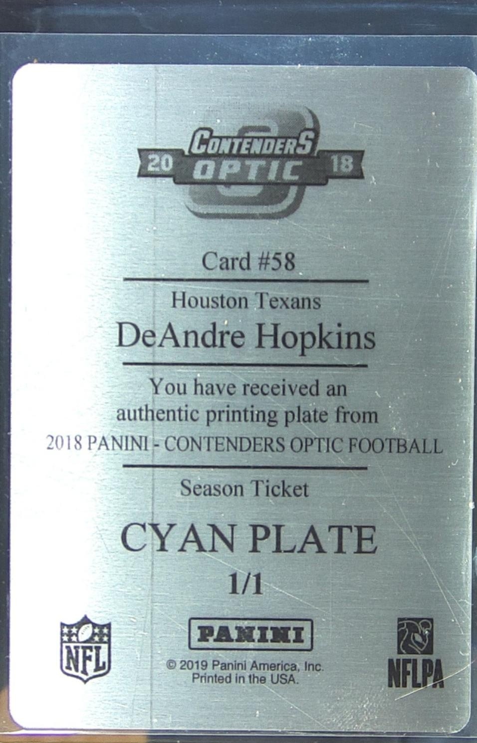 2018 Contenders Optic DeAndre Hopkins Printing Plate Cyan 1/1 #58 Texans - Image 3