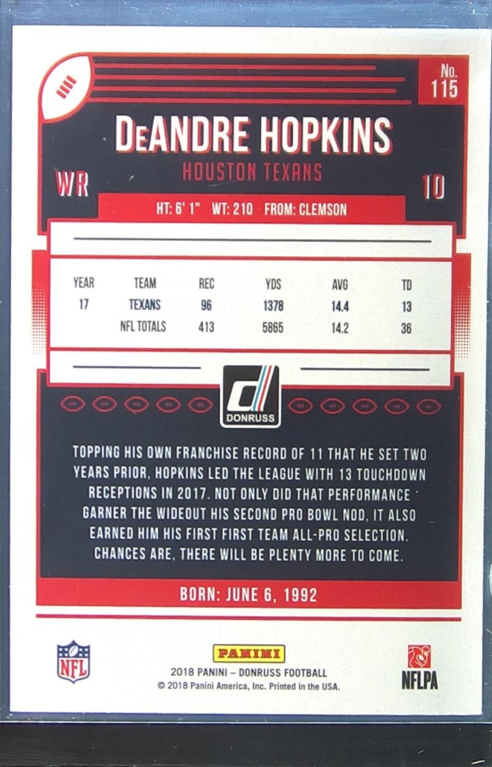 2018 Donruss DeAndre Hopkins Press Proof Red #115 Texans - Image 3