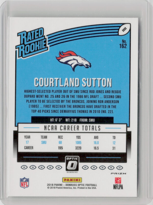 2018 Donruss Optic Courtland Sutton RC #162 Broncos - Image 3