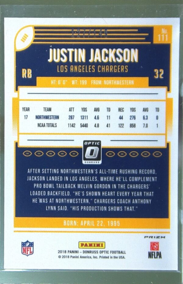 2018 Donruss Optic Justin Jackson Blue /149 #111 Chargers - Image 3