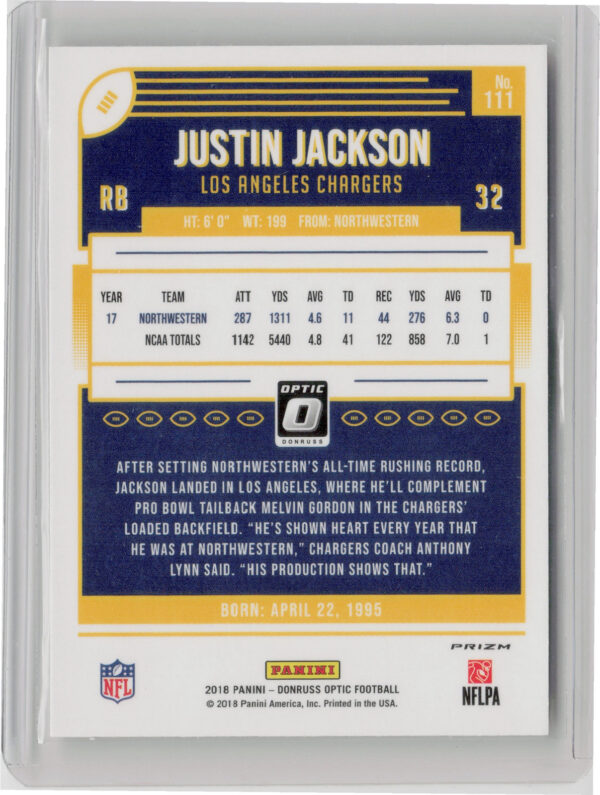 2018 Donruss Optic Justin Jackson Red and Yellow #111 Chargers - Image 3